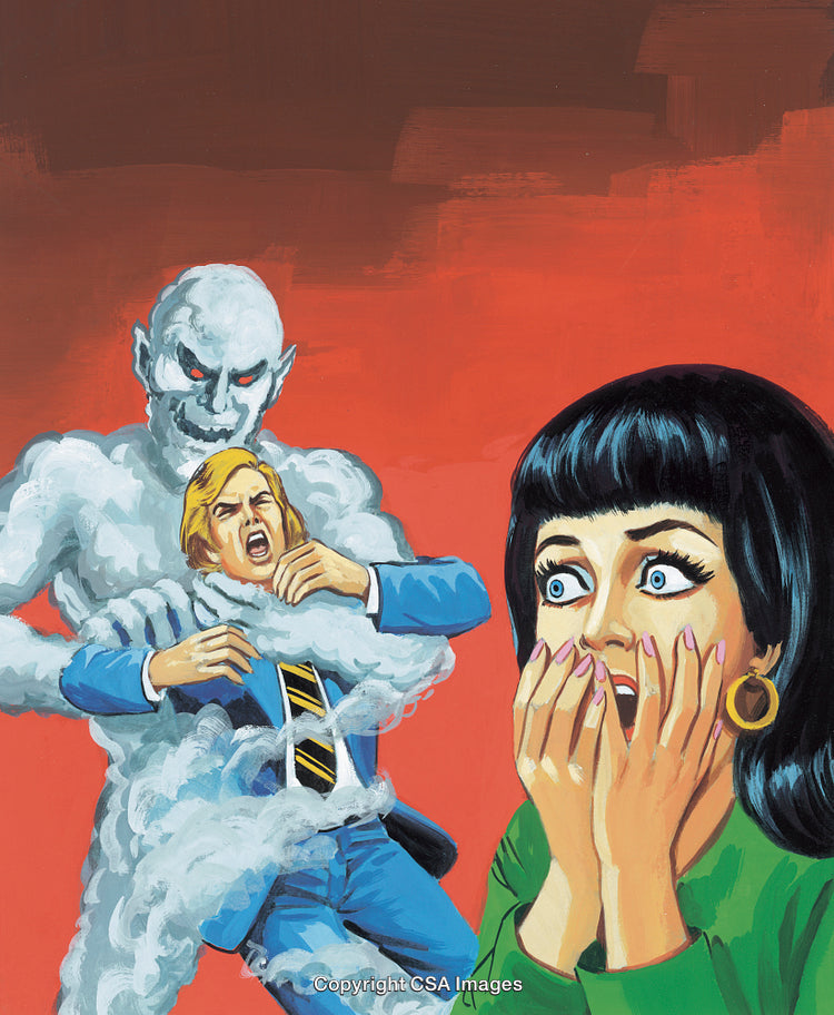 Vintage Illustration of Woman Witnessing Supernatural Creature's Attack