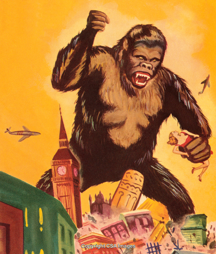 Giant Gorilla Rampage Scene with Destruction in City and Airplanes