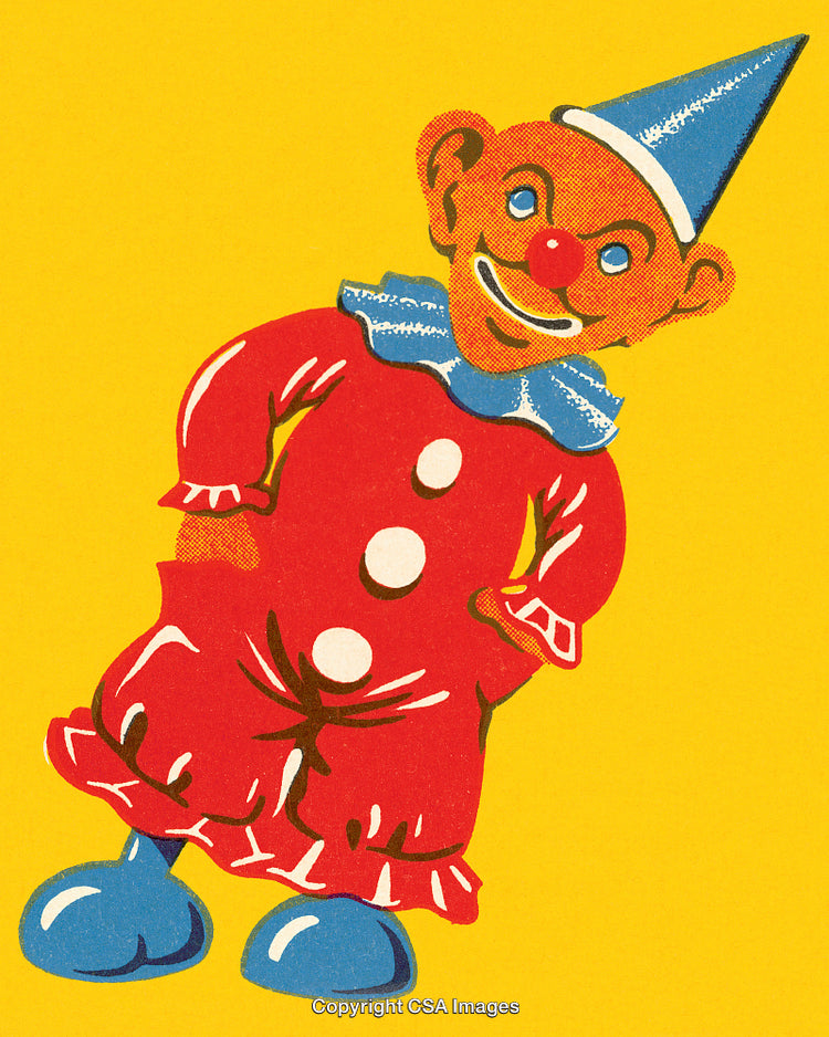 Vintage Illustration of a Playful Clown in Red Costume and Pointed Hat