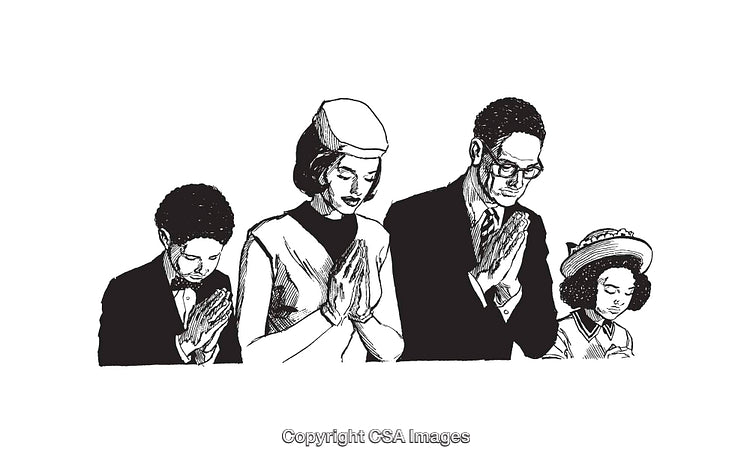 Black and White Line Art of a Family in Prayer