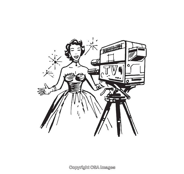 Retro TV Host Woman Illustration with Vintage Film Camera
