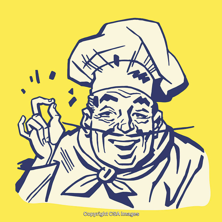 Colorful Line Art Illustration of a Chef Making a Gesture on Yellow Background