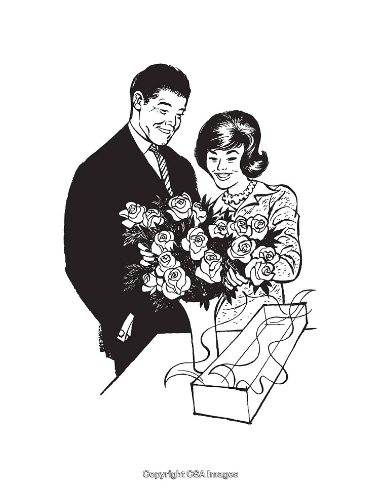 Romantic Gesture Illustration of Couple with Bouquet of Roses in Black and White