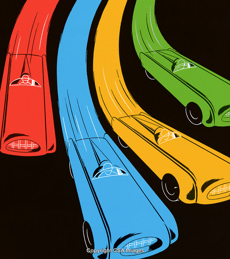 Colorful Retro Cars Racing in Abstract Design Artwork