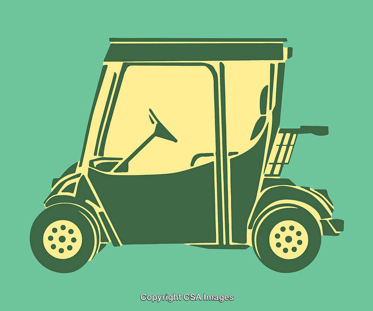 Minimalist Illustration of a Modern Golf Cart in Yellow and Green Tones