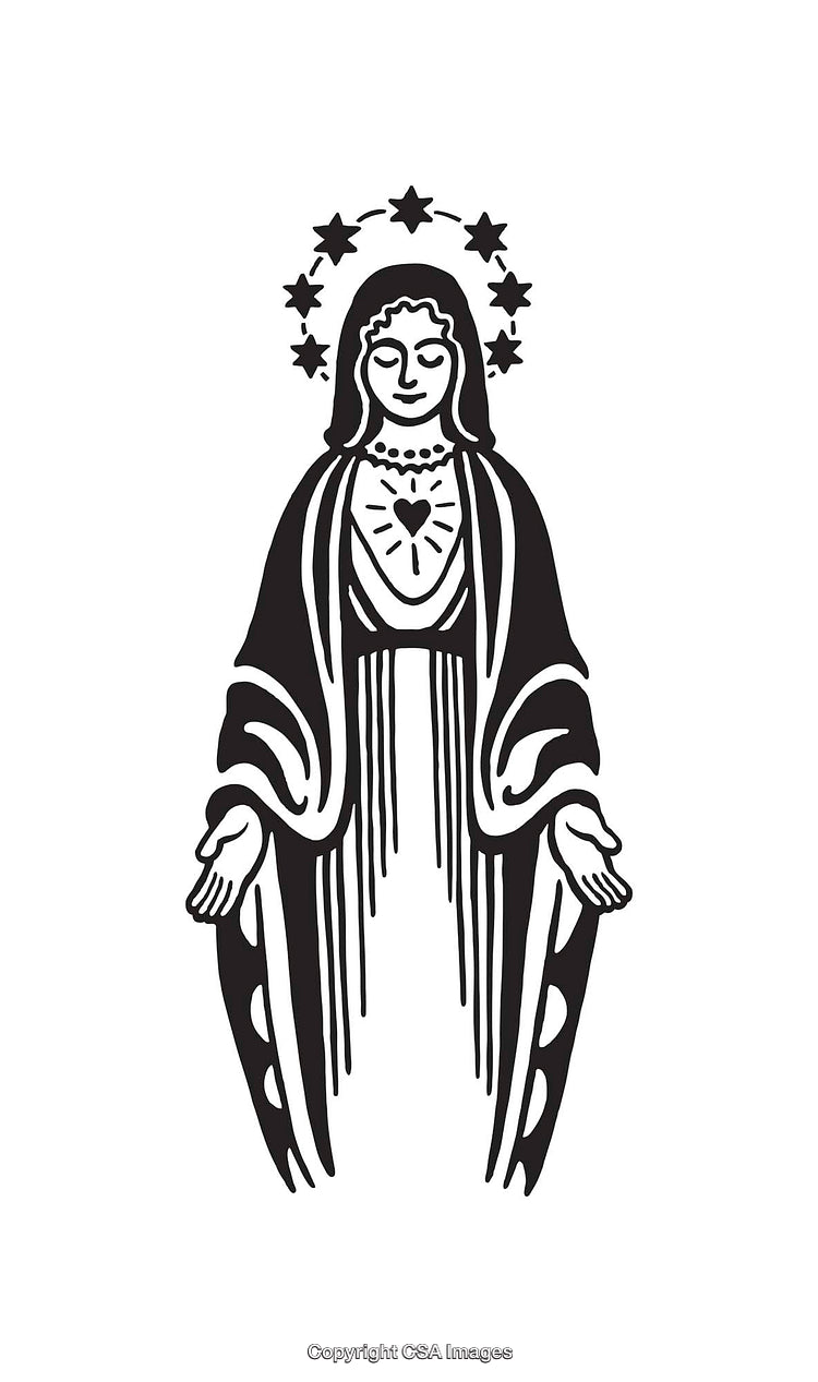 Black and White Line Art Depiction of Religious Figure with Radiant Aura
