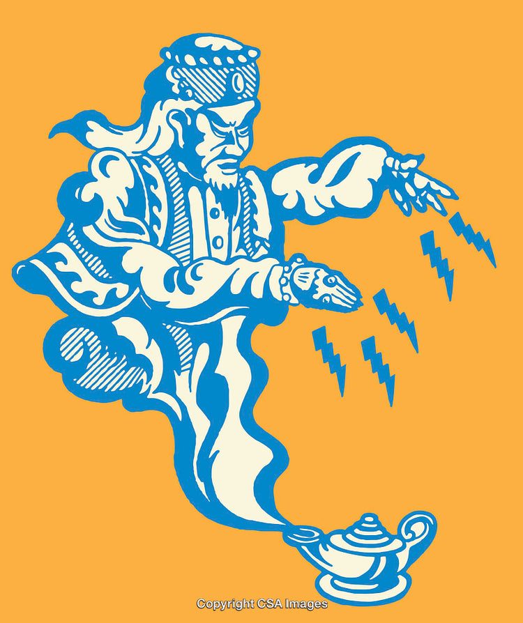 Illustration of a Magical Genie with Lamp and Lightning Motif
