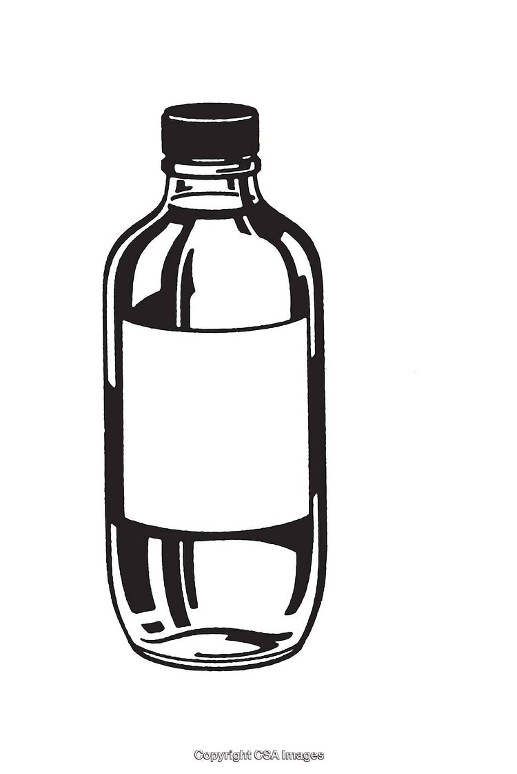 Black and White Line Art of a Medication Bottle with Blank Label