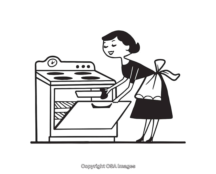 Retro Homemaker Baking in a Kitchen Oven Black and White Illustration