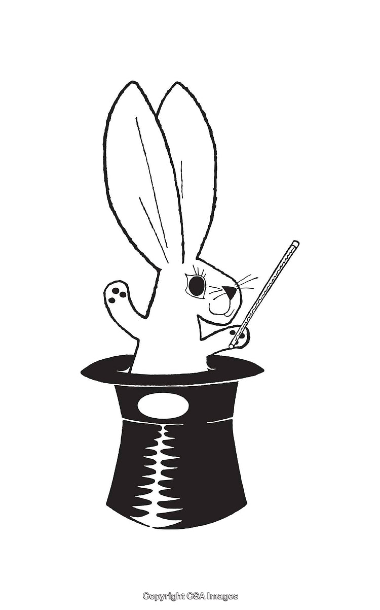 Rabbit Emerging From a Magic Hat Holding a Wand Line Art
