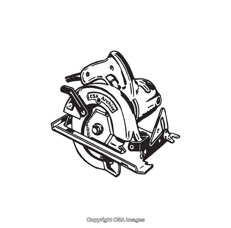 Detailed Black and White Line Art Illustration of a Circular Saw