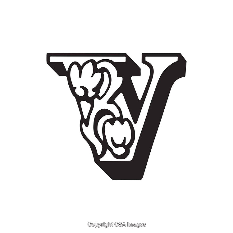 Intricate Ornamental Letter V with Decorative Floral Elements