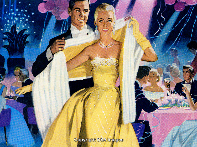 Elegant Couple at Formal Ball Captured in Sophisticated Retro Atmosphere