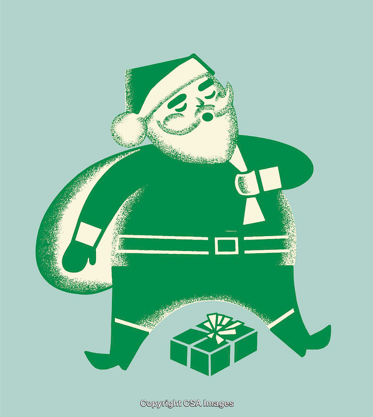 Festive Green Santa Illustration with a Gift and Sack of Presents
