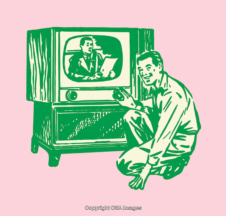 Retro Illustration of Man Adjusting Vintage Television Set