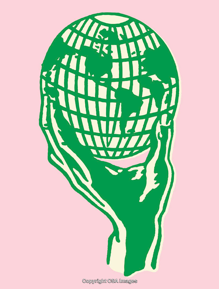Illustration of a Green Earth Held by Human Hands on Pink Background