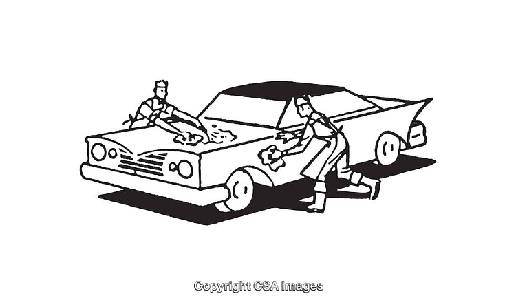Vintage Line Art Illustration of Car Cleaning Scene with Two People Washing