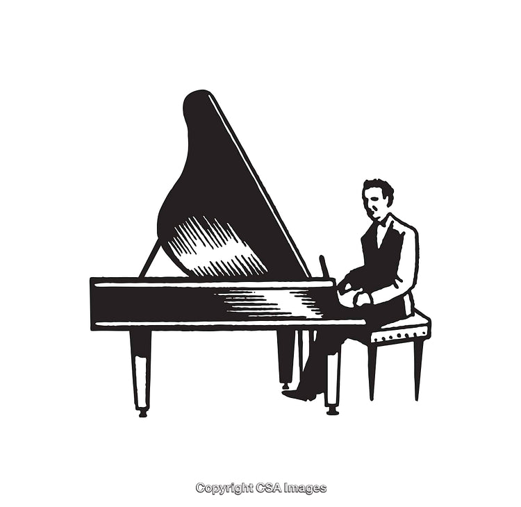 Elegant Pianist Performing On Grand Piano in Black and White Line Art