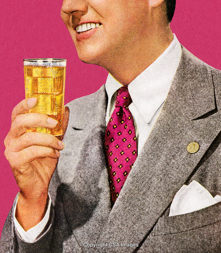 Retro Beverage Advertisement Featuring a Smiling Man in a Stylish Suit