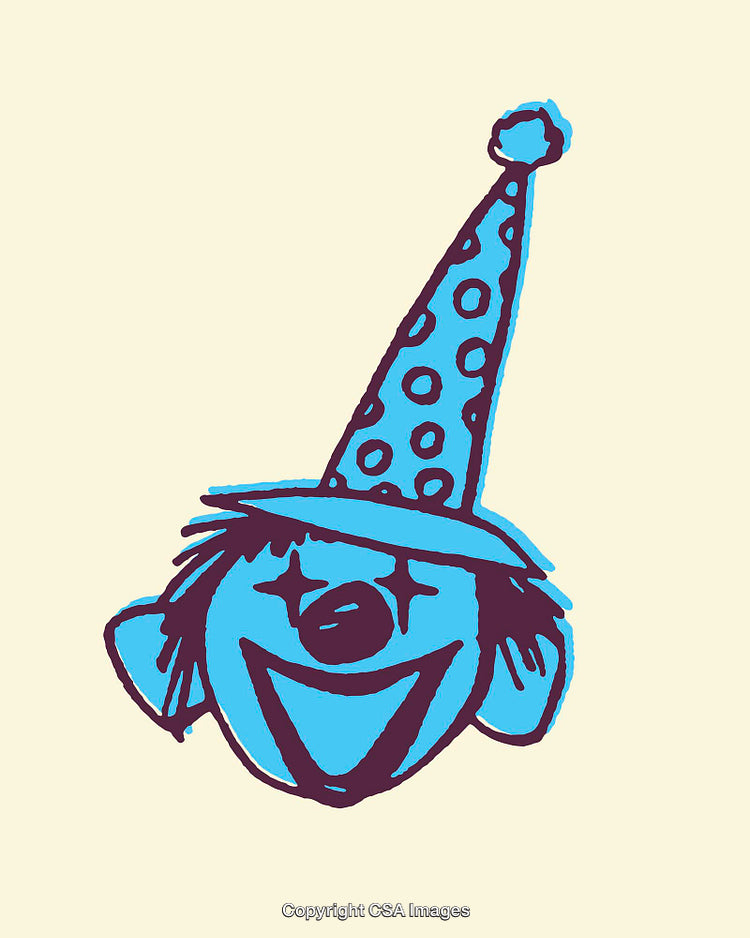 Whimsical Blue Clown Head Illustration in Retro Artistic Style