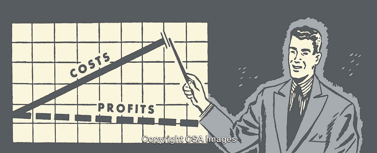 Vintage Business Illustration Depicting Rising Costs and Static Profits in Retro Style