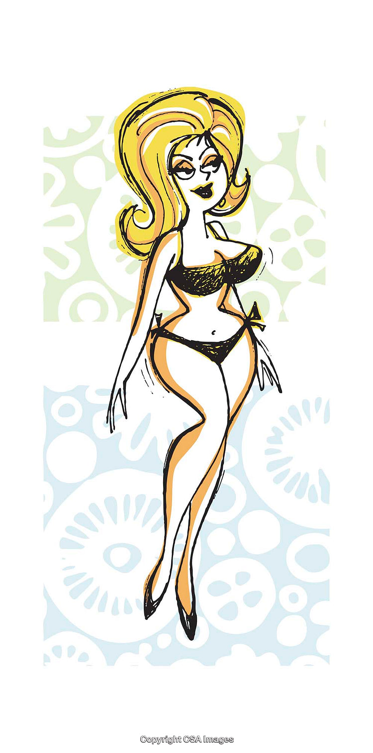 Colorful Retro Style Illustration of a Glamorous Woman in a Stylish Bikini