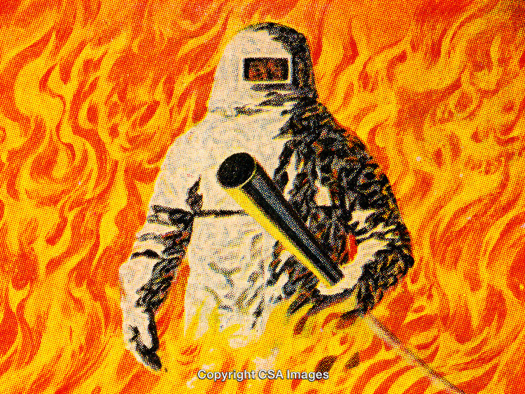 Firefighter in Heat-Resistant Suit Surrounded by Flames Concept Artwork