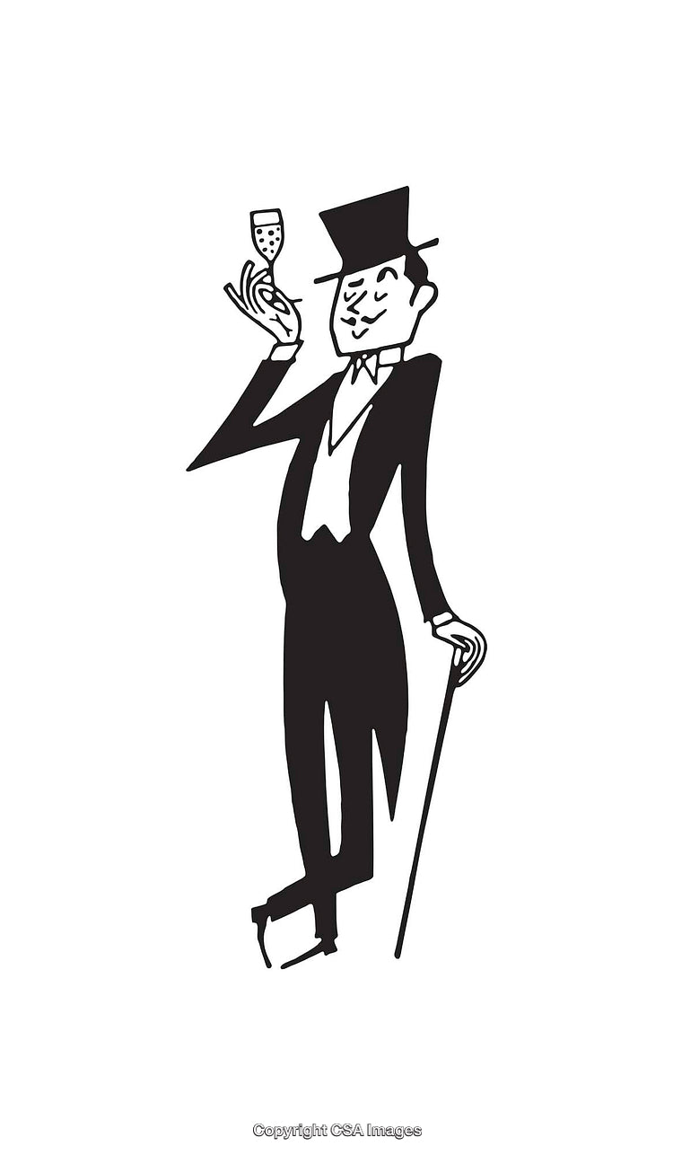 Elegant Gentleman Holding Champagne Glass in Black and White Illustration