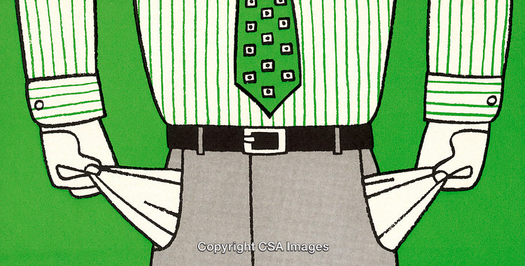 Cartoon Depiction of Financial Troubles with Empty Pockets and Green Background