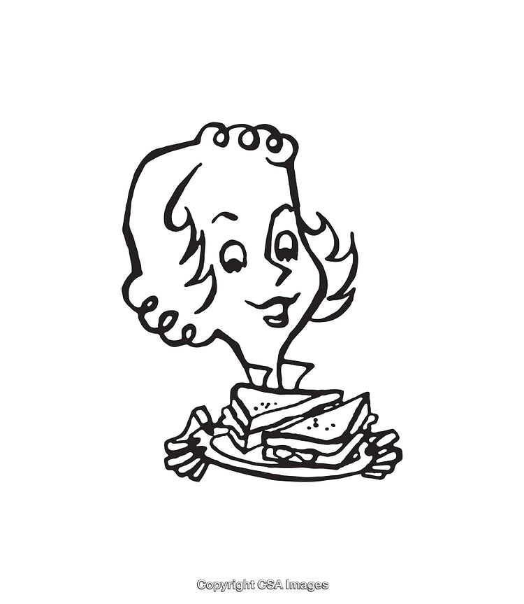 Black and White Illustration of a Woman with a Plate of Sandwiches