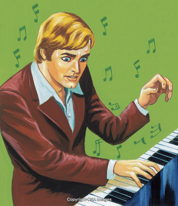 Surprised Pianist Playing Music Notes with Expressive Gestures