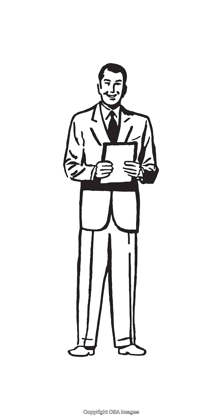 Black and White Illustration of Man Holding Paper and Wearing Suit