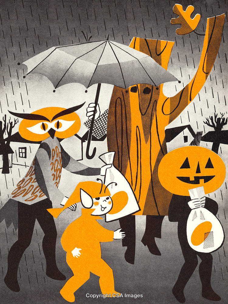 Colorful Halloween Night Featuring Costumed Figures in the Rain Holding Bags