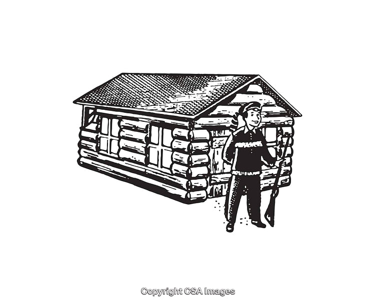 Detailed Black and White Line Art of a Pioneer Log Cabin and Figure