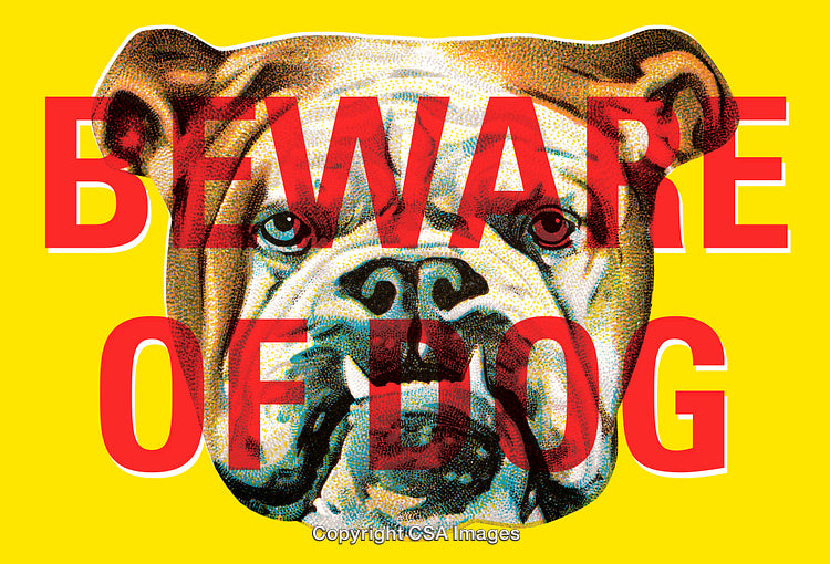 Illustrated Bulldog With Red Warning Message on Yellow Background