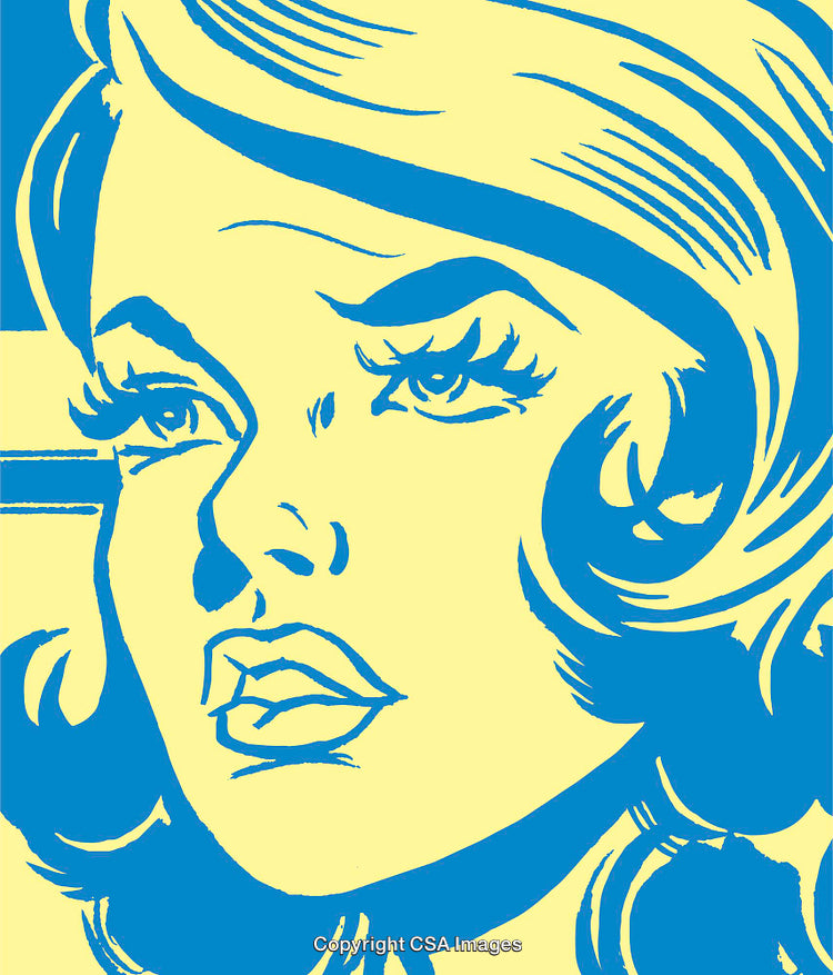 Retro Pop Art Style Illustration of a Woman in Blue and Yellow Tones