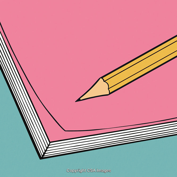 Colorful Graphic of a Pencil on a Pink and Blue Notebook