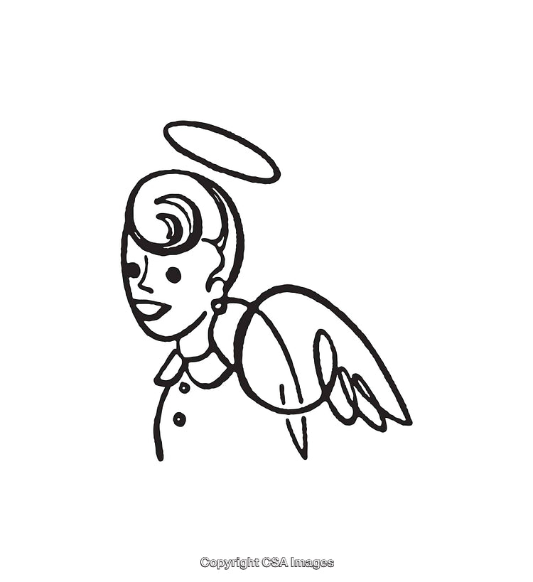 Retro-Styled Line Art Illustration of a Smiling Angel Figure with Wings