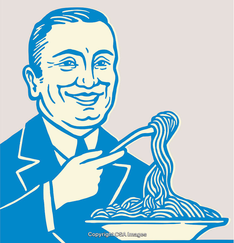 Retro Line Art of Smiling Man Enjoying a Delicious Bowl of Spaghetti