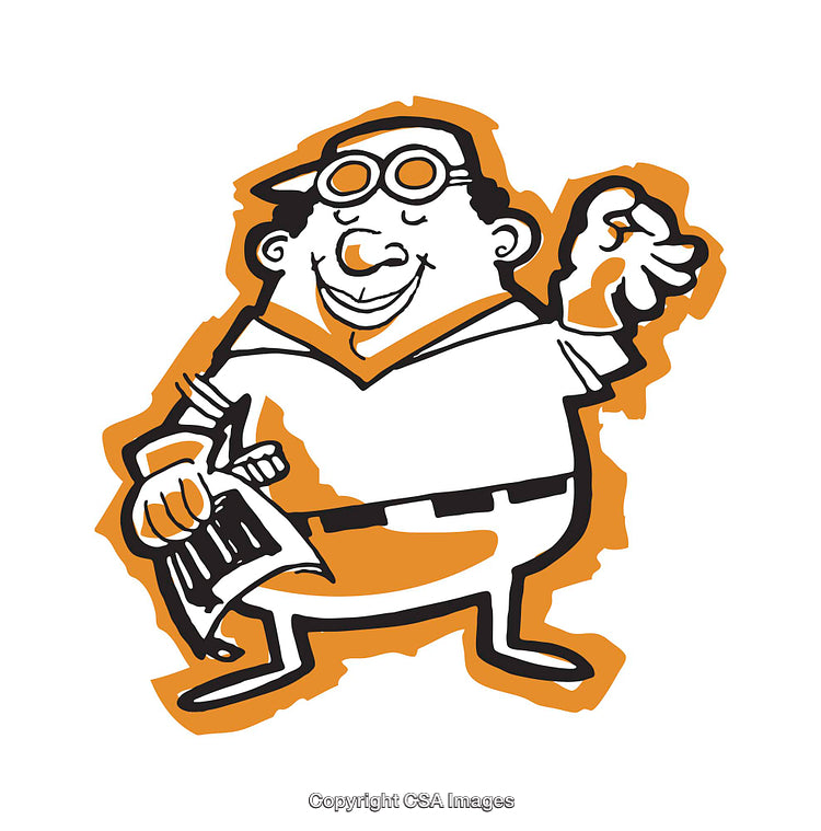 Happy Cartoon Character Holding a Newspaper in Black and Orange Design