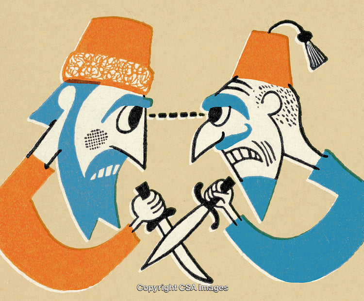 Colorful Illustration of Two Men in Conflict Holding Daggers