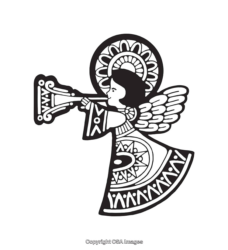 Traditional Black And White Angel Illustration Playing A Trumpet
