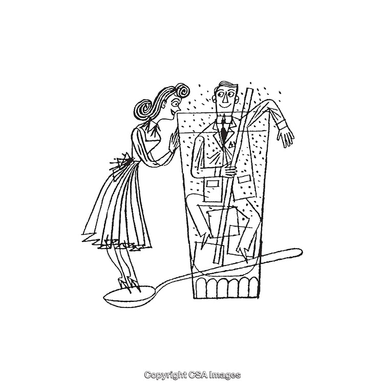 Elegant People Within a Stylized Glass Depicted in Bold Line Art