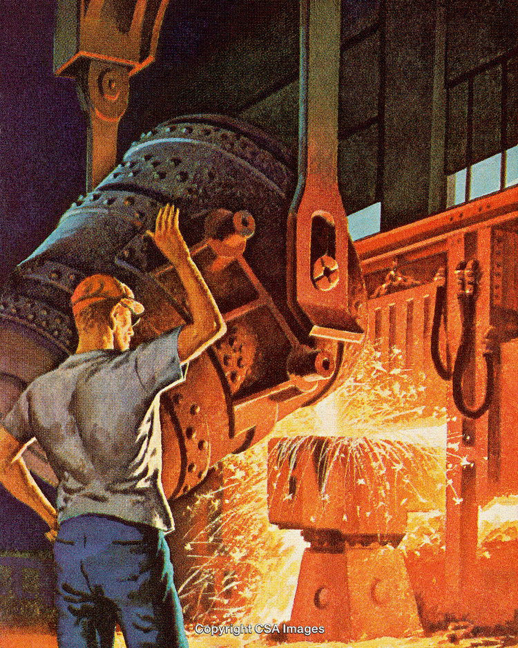 Worker Operating Industrial Machinery with Sparks in Motion at a Steel Foundry
