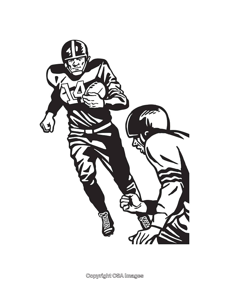 Black and White Line Art Illustration of a Football Game in Action