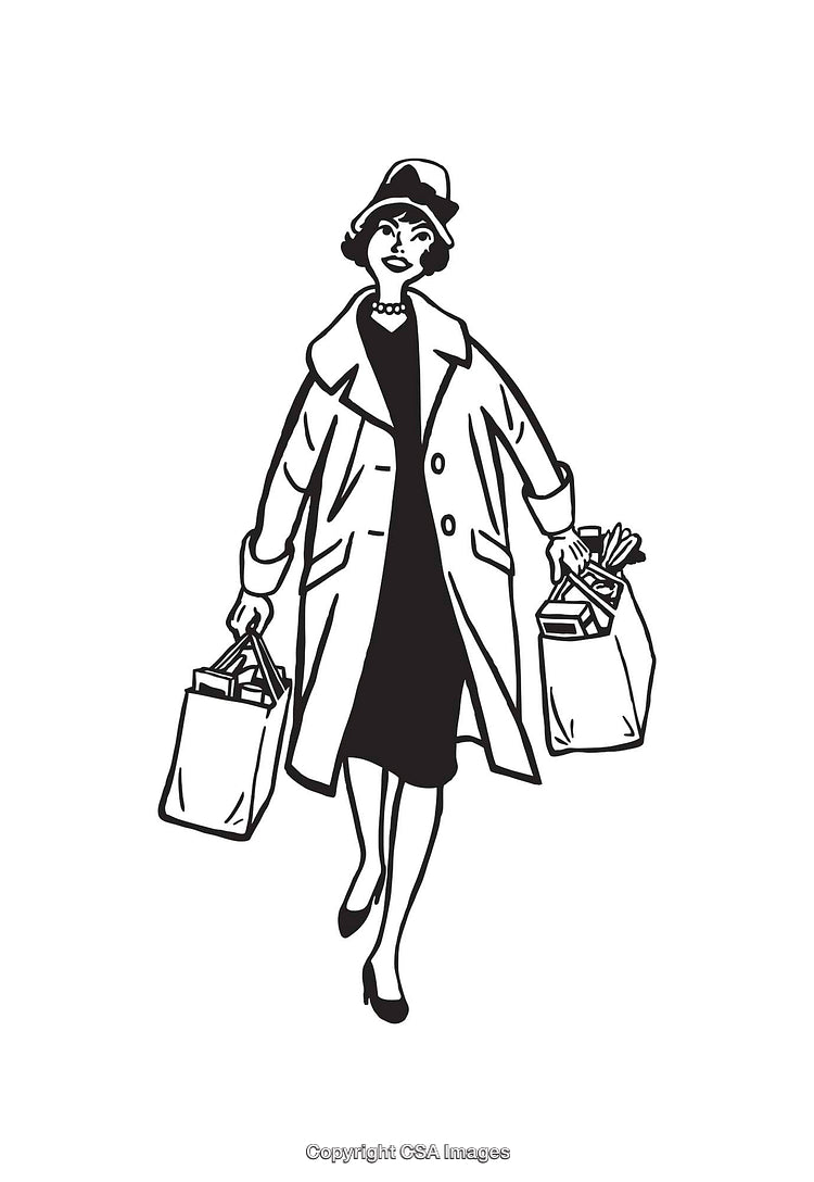 Vintage Line Art Illustration of a Woman Carrying Shopping Bags