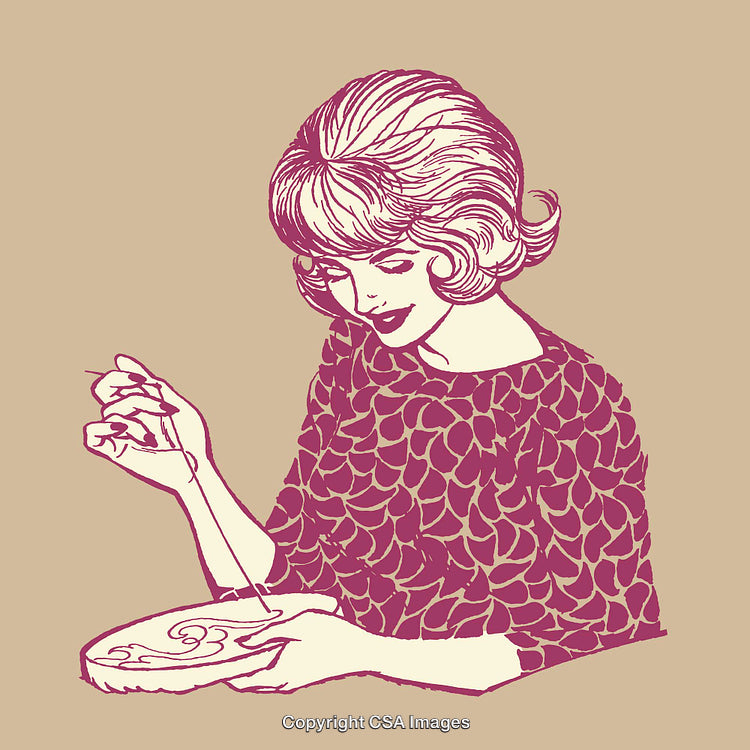Vintage Line Art of a Woman Embroidering in Retro Style