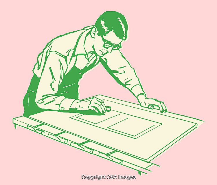 Retro Style Line Art Illustration of a Worker Drafting Plans