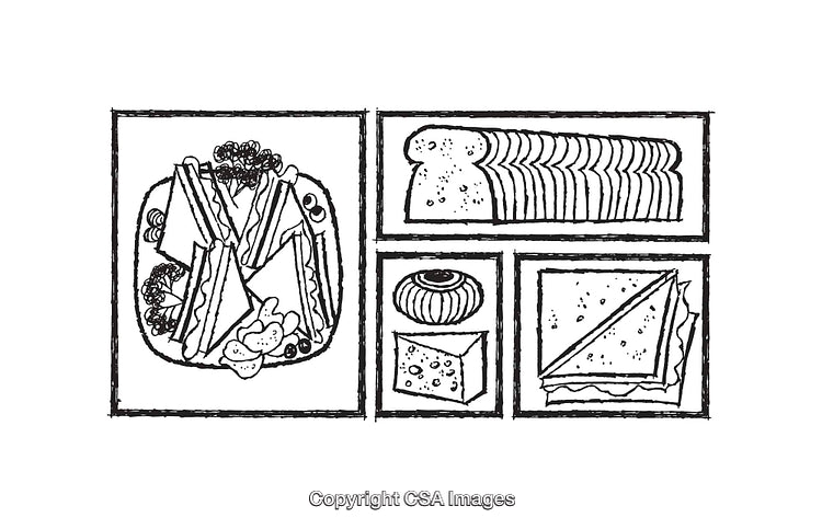 Black and White Illustrations of Bread, Sandwiches, and Food Items