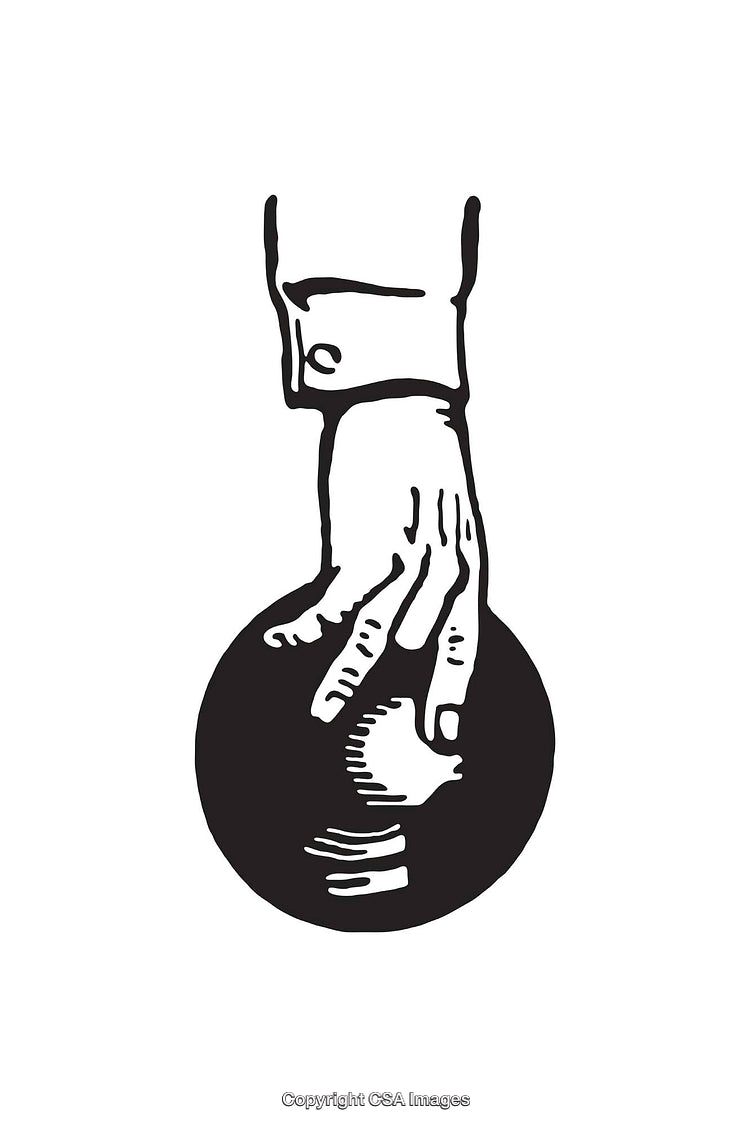 Black and White Illustration of a Hand Holding a Textured Sphere